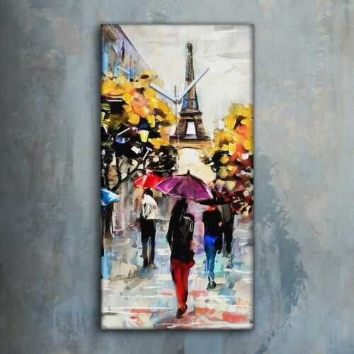 Horloge décorative sur toile 30x60 peinture France Paris Eiffel rue personnes - Photo 1/8