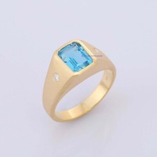 Natural Blue Topaz  CZ Gemstones 925 Sterling Silver Gold Plated Men's Ring C4