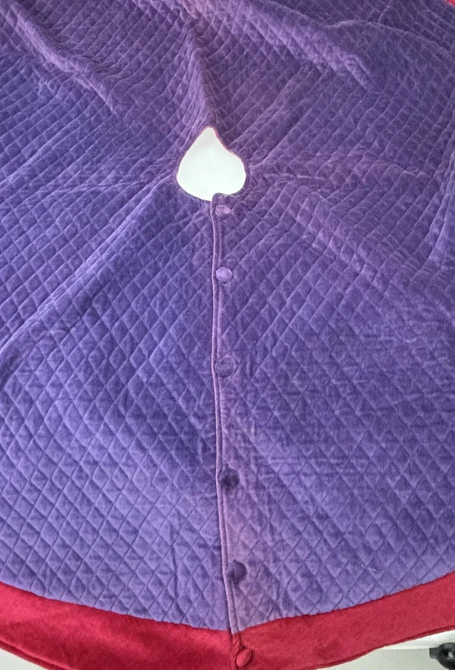 Pottery Barn Quilted Velvet Christmas Tree Skirt Purple Red Button Closure - Image 2 of 4