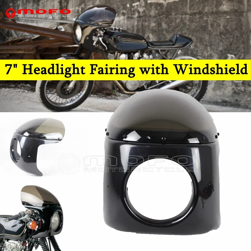 For Cafe Racers Cruisers Custom Black 7'' Round Headlight Fairing w/Windshield - Image 2 of 4