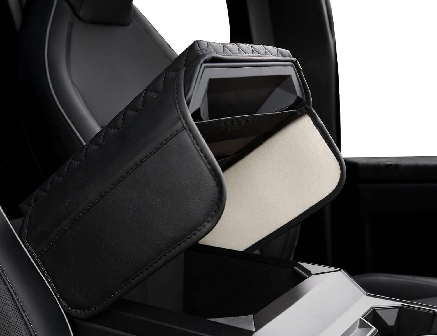 Tesla Cybertruck Leather Padded Console Cushion Armrest Cover W/ Pockets, Black