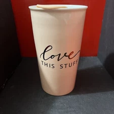 Love This Stuff  IQ Accessories Porcelain Travel Mug Cup & Lid New Peach Color