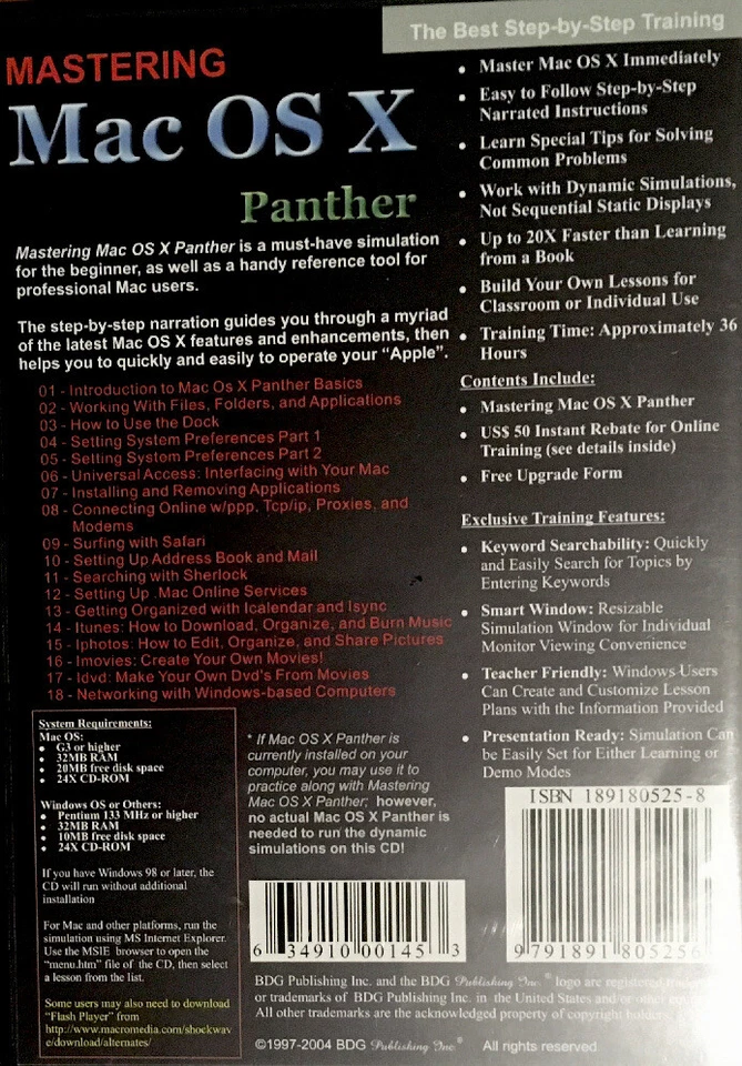 Mastering Mac OS X Panther CD-ROM lecciones de entrenamiento paso a paso NUEVO BDG nuevo Foto 2 de 2
