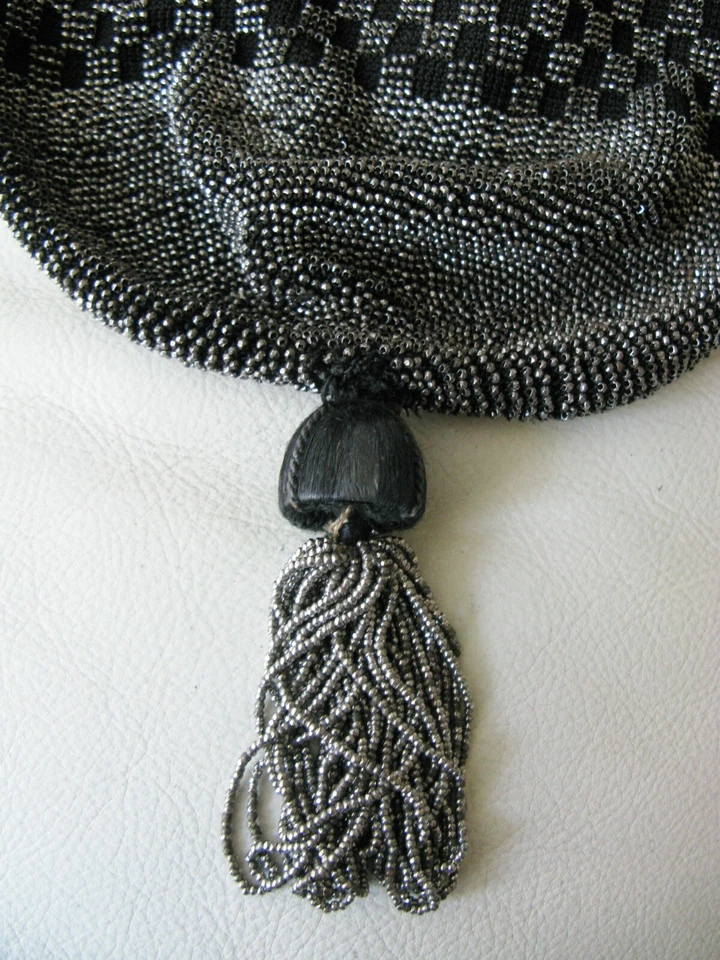 Antique Black Crochet Checkerboard Silver French Steel Micro Bead Tassel Purse - Image 3 of 4
