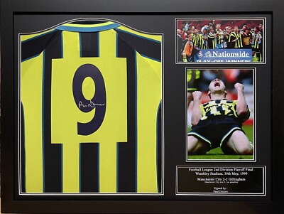FRAMED PAUL DICKOV SIGNED MANCHESTER CITY 1999 FINAL SHIRT COA PROOF MCFC  UK