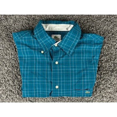 Lacoste Mens Teal Blue Grid Check Short Sleeve Button Down Shirt Size 44 XL