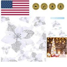 36 Pieces White Christmas Poinsettia Glitter Faux Flowers Artificial Flowers ...
