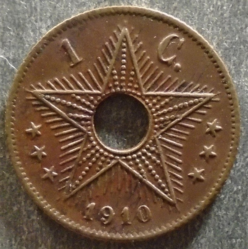 Belgian Congo, Copper 1 Centime, 1910, toned