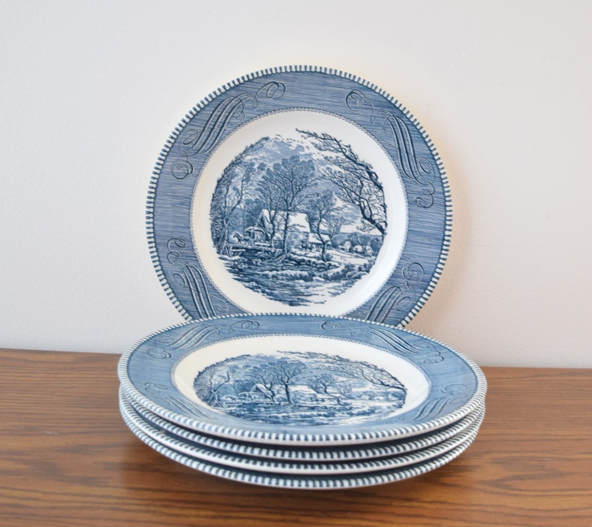 5 Currier & Ives Blue by Royal Dinner Plates The Old Grist Mill