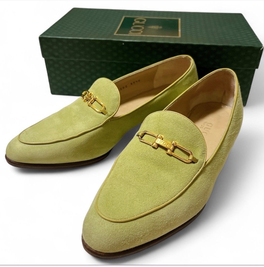 SAOLA Mocassino Gucci Horsebit 37 5C US7 5 scamosciato verde chiaro raro scatola suola Vibram Italia
