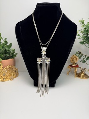 Bold Statement Silver Tone Tassel Necklace Rhinestones Express Dramatic Design