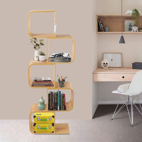 5-Tier S-Shaped Bamboo Bookcase – Stylish Storage and Display Solution