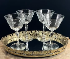Vintage Champagne Coupe Etched Sherbet Cocktail Glasses Martini Set 4 MCM