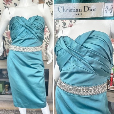 Christian Dior by John Galliano '08 Teal Blue Silk Cocktail Dress w Beaded Waist