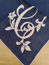 Vgt C Monogram Beige Applique Navy Blue Cotton Hankie Handkerchief