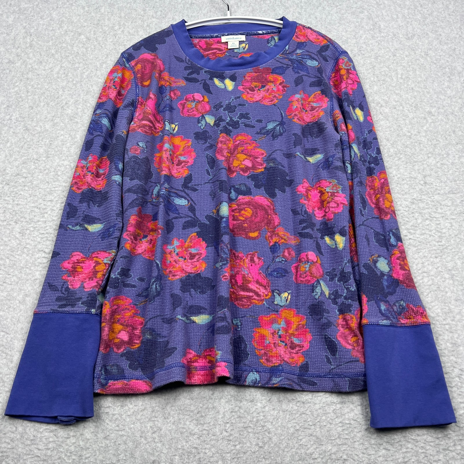 Sundance Melanie Blooms Thermal Top Women's XL Purple Floral Waffle Velvet Shirt