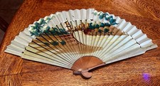 Vintage Mint Green Wooden  Fabric Hand Painted Scenic Hand Fan 15 1/2  