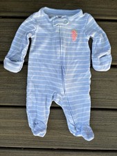 Vintage Carters Newborn Long Sleeve Footed Zip Up Blue Stripe Seahorse One Piece