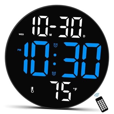  Digital Wall Clock Large Display with Remote Control, Plug in LED Digital Blue