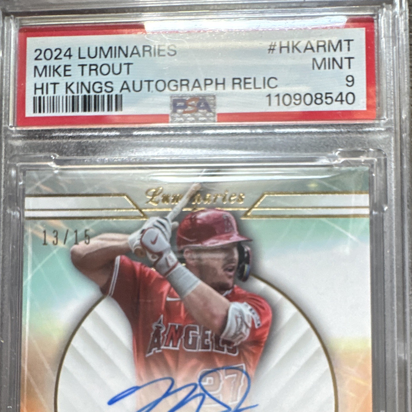 Topps 2024 Luminaries Mike Trout Hit Kings Auto Relic HKARMT PSA 9 13/15 view 3