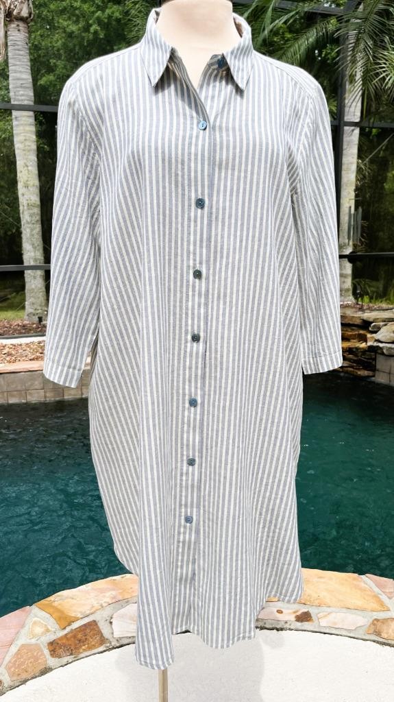 EILEEN FISHER NWT Size XL Chambray Blue Stripe Organic Ramie Cotton Shirt Dress