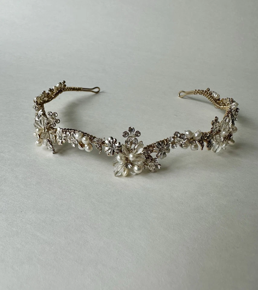 Gold Wedding Tiara Made with Swarovski Crystal Freshwater Pearls Couture Halo - Image 4 of 4