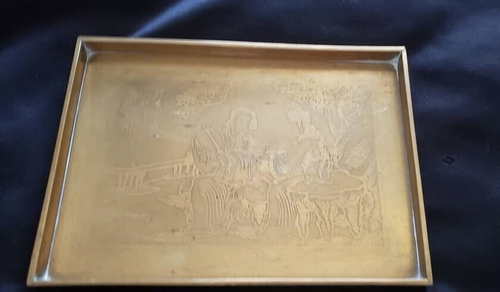 Vintage chinesisches graviertes massives Messing Teetablett mit zwei Musikerszene - 6" x 9" - Bild 6 von 15