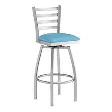 Ladder Back Clear Coat Metal Restaurant Barstool With Blue Vinyl Swivel Seat