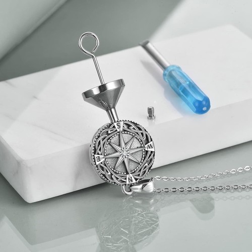 Viking Compass Urn Necklace for Ashes Sterling Silver Keepsake Cremation Jewelry - Picture 3 of 9