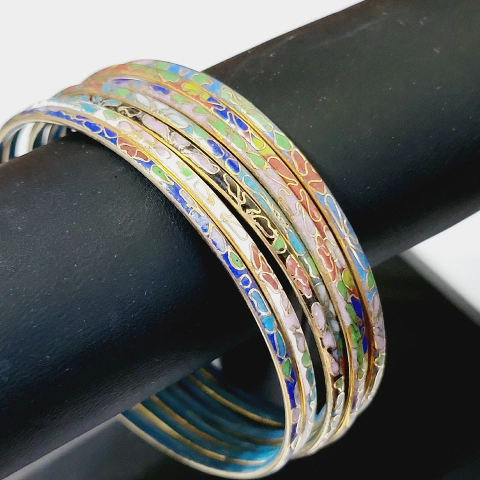 Juego de 7 Brazaletes Pulseras Cloisonne Florales Vintage, Colorido Esmaltado Floral Foto 2 de 4