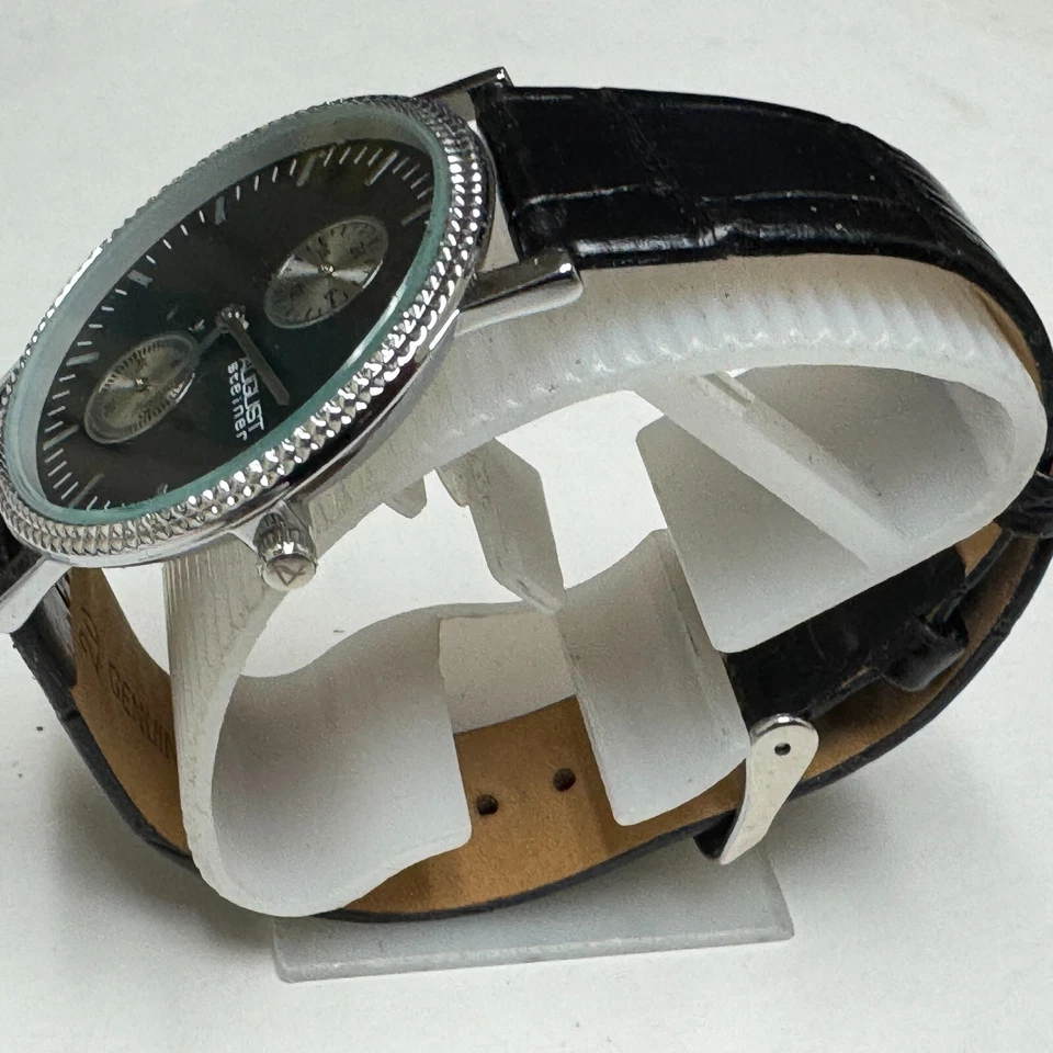 August Steiner Quartz Watch Men Silver Black Small second Leather New Battery - Image 4 of 4