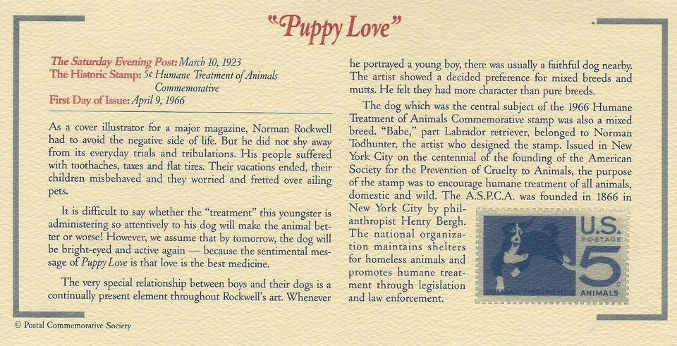 VINTAGE First Day of Issue US postage Norman Rockwell - Puppy Love 5 cent Stamp - Image 2 of 2