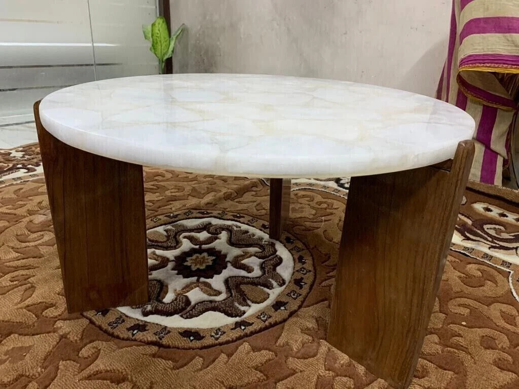 Round White Quartz Stone Crystal Coffee Table Console Bar Table Cafeteria Decors