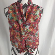 Black Poppy Shirt Womens Small Floral Sleeveless Button Blouse