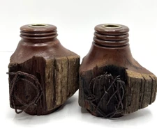 Roger Sika Signed Rustic Fence Post Candle Holders Pair Handmade Wood Decor
