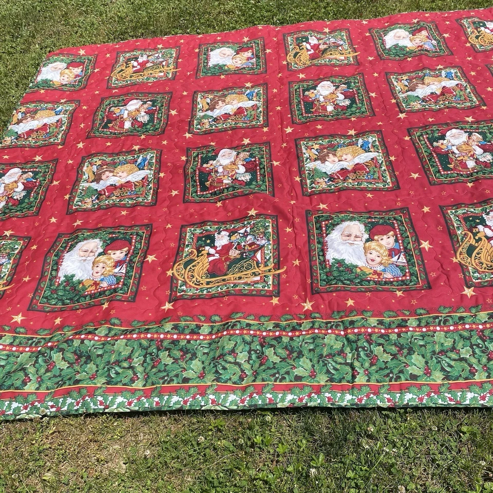 Colcha reversible vintage de Navidad de Papá Noel con bordes de acebo 96x88 Foto 4 de 4