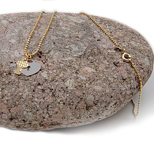 Collana da Donna in Oro 14kt Catena Pallina Diamantata con Ciondolo Cuore Chiave - Foto 5 di 10