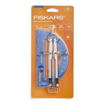FISKARS METAL COMPASS (12'' DIA) AND PROTRACTOR (180 DEGREES) SET  AGES 8+  NEW