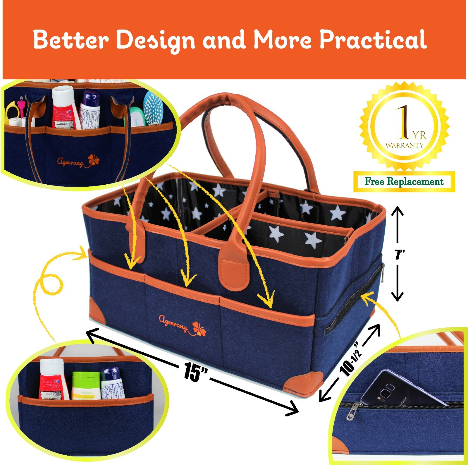 Ageerang Diaper Caddy Organizer - Water Resistant Inner Portable Nursery Bag XL