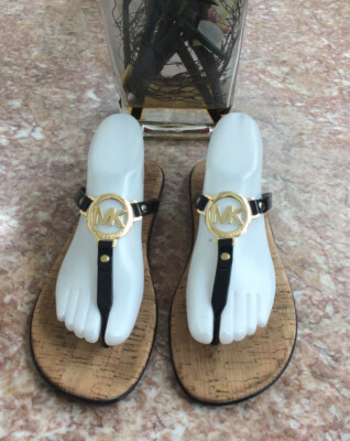 Michael Kors Black Jelly MK Gold Logo Cork Thong Flip Flop