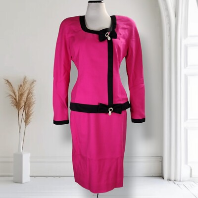 Vintage 80s Midi Skirt Set Size Wool Crepe Collarless Blazer Bow Trim 