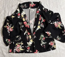 Maurices Blazer Jacket Women's Long Bell Sleeve Size 0 Black Floral Open Front
