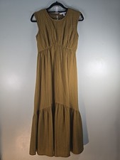 Nine West Midi Sun Dress Women's XS Tiered Empire Waist Dark Mustard Yellow