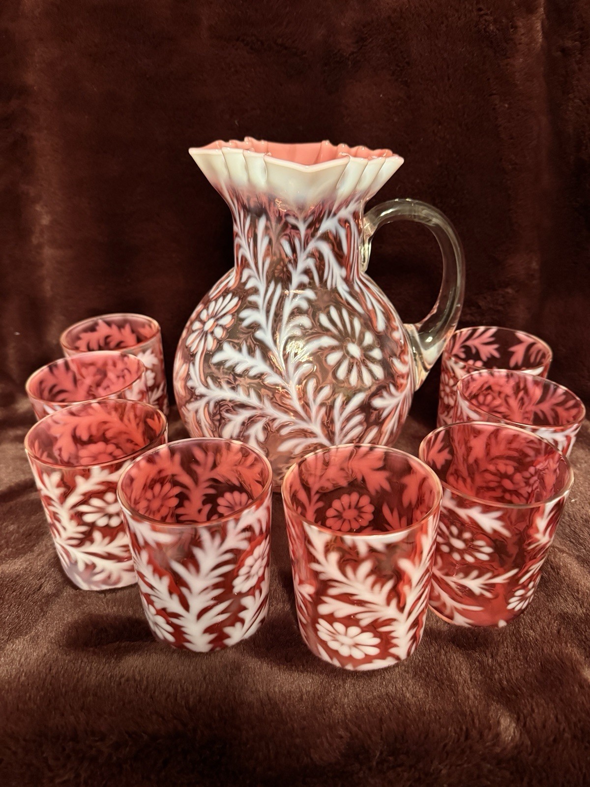 Fenton Cranberry Opalescent Fern Optic Ruffled Mouth Pitcher And 8 Tumblers