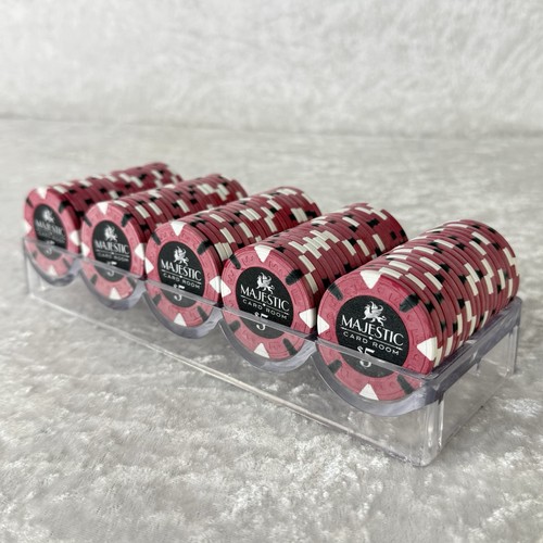Majestic Card Room $5 Poker Chips Clay Casino Style Set 100 Chips w/CHIPCO Rack