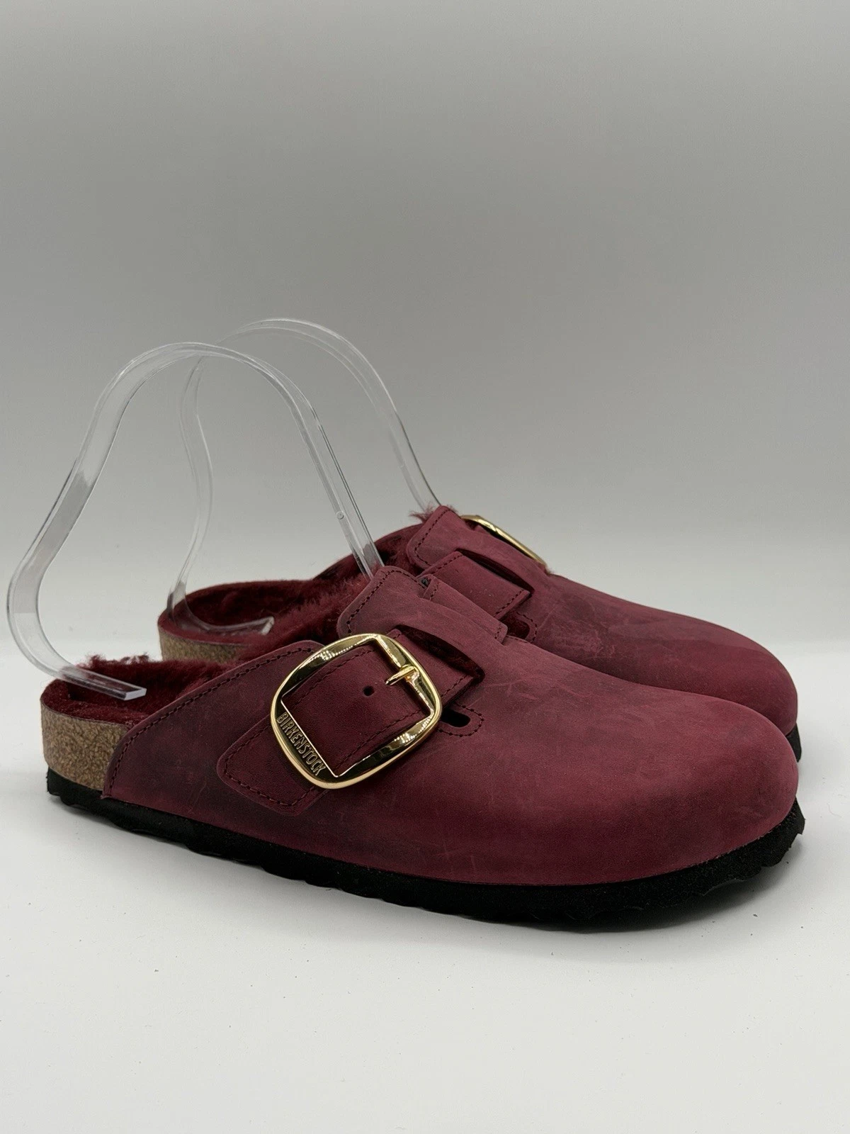 Birkenstock Boston Clogs Big Buckle Shearling Shoes Maroon Comfy 37 EU 6 US New