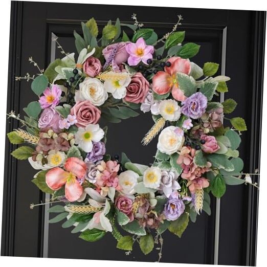 22-Inch Farmhouse Floral Wreath for Spring Summer Front Door Decor