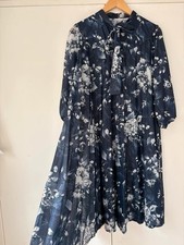 70s Vintage Navy White Bold Floral High Neck Pleated Smock Dress Sheer Spring