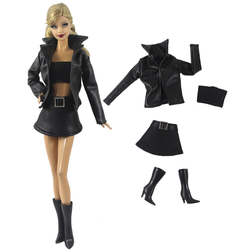 Casual Black Leather Jacket Dress For 1:6 11.5