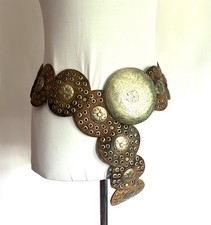 Vintage Moroccan Wide Brown Leather Silver Tone Metal Concho Belt One Size